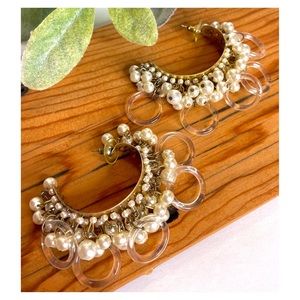 Vintage 80s Style Oversized Pearl & Clear Acrylic Half Hoop Statement Earrings